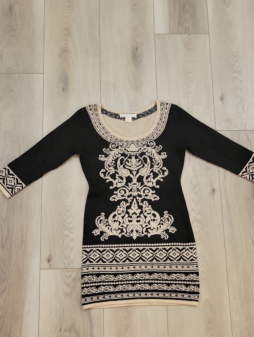 Flying Tomato Black and Cream Patterned Scoop-Neck Dress